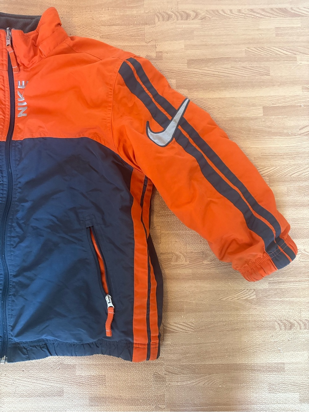 Vintage Nike Reversible Fleece Jacket Big Swoosh Spellout Orange Navy Y2K Youth - Picture 2 of 16